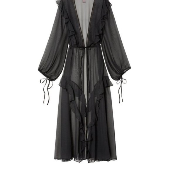 VSVERY SEXY Plunge Ruffle Robe Kimono Long Studded XS/S